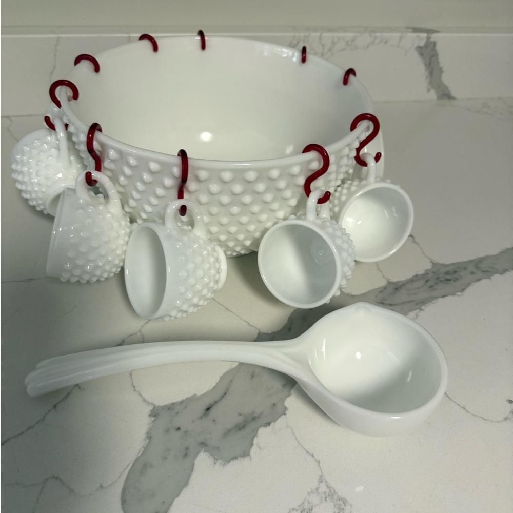 Milk White Punch Bowl Set with Red Hooks Hob nail Milk white